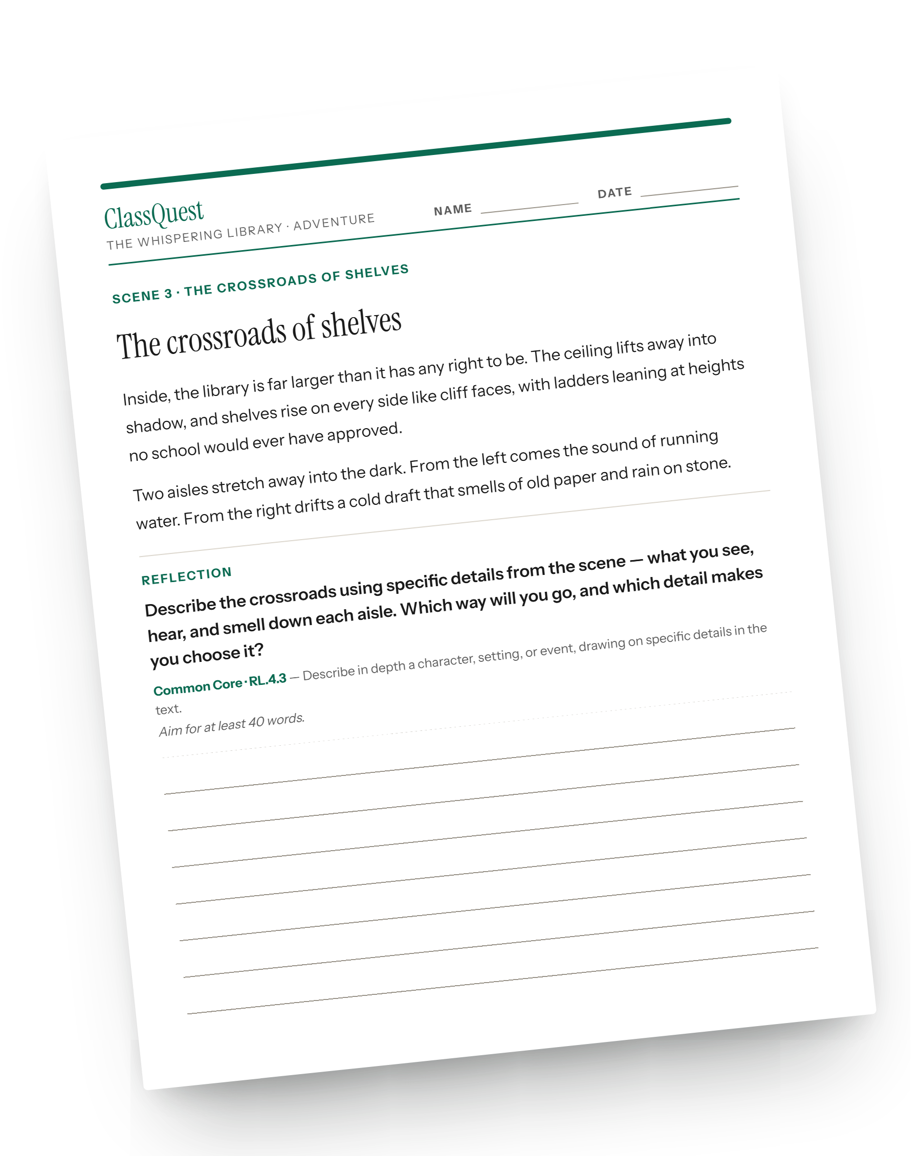 A single ClassQuest printable worksheet — the scene, a reflection question, its aligned Common Core standard, and ruled lines for a student's written response.